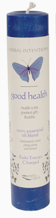 Candle with a blue butterfly design and 'good health' text on a white background