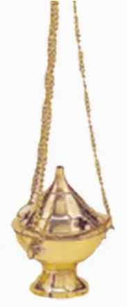 Brass incense burner with a chain on a white background