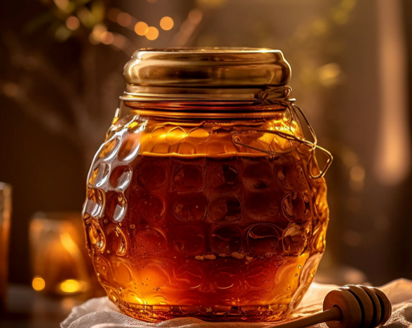 Jar of honey with a honeycomb design on a blurred background