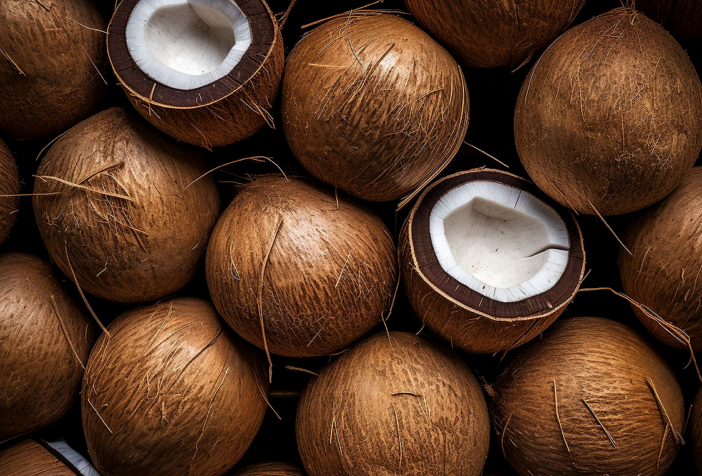 Close-up of coconuts with one cut open, showing white flesh.