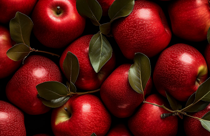 Close-up of red apples with green leaves on a dark background