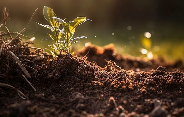 Small plant emerging from soil with a warm glow