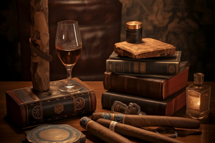 Cigar, glass of whiskey, and books on a wooden surface with a dark background