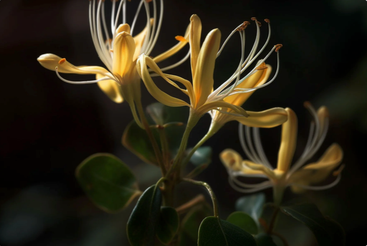Close-up of yellow flowers with green leaves against a dark background