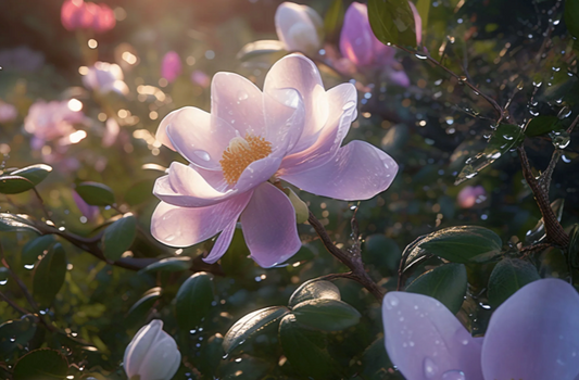 Close-up of a pink flower with water droplets on a blurred background