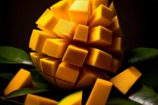 Close-up of a sliced mango with a dark background