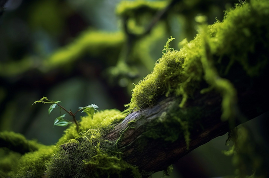 Moss-covered branch with a blurred green background