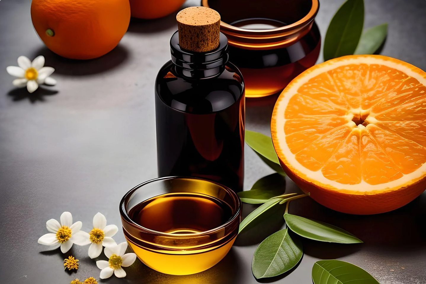 Bottle of oil, sliced orange, and flowers on a dark surface