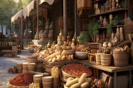 Traditional market scene with various goods displayed outdoors