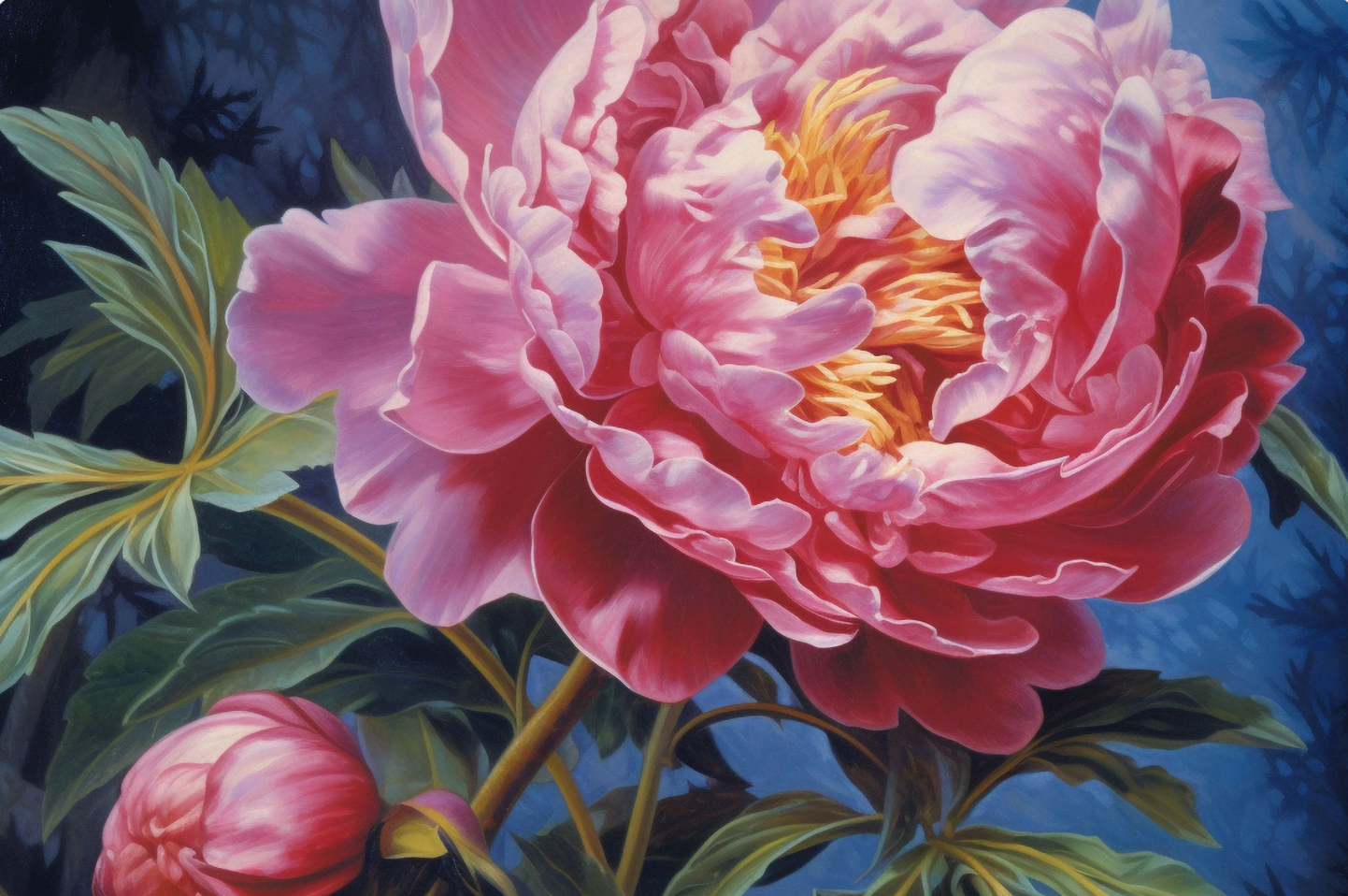 Close-up of a pink peony flower with green leaves on a dark blue background