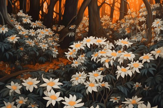 Forest floor with white flowers and orange-brown ground cover