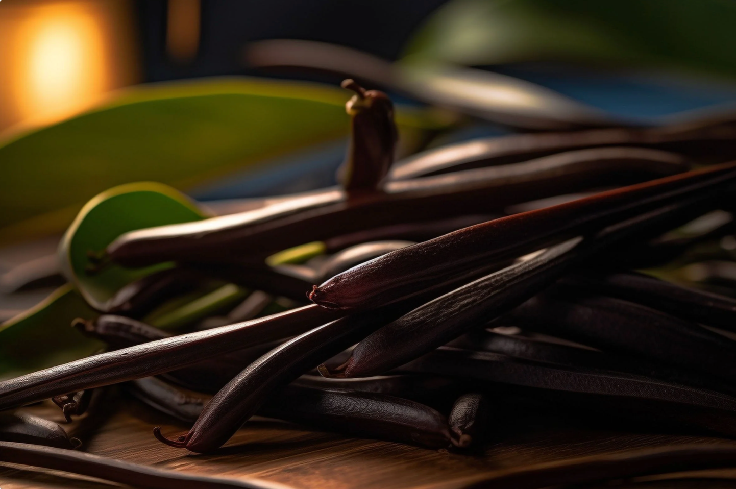 Vanilla beans on a wooden surface with a blurred background