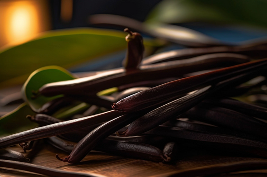 Vanilla beans on a wooden surface with a blurred background