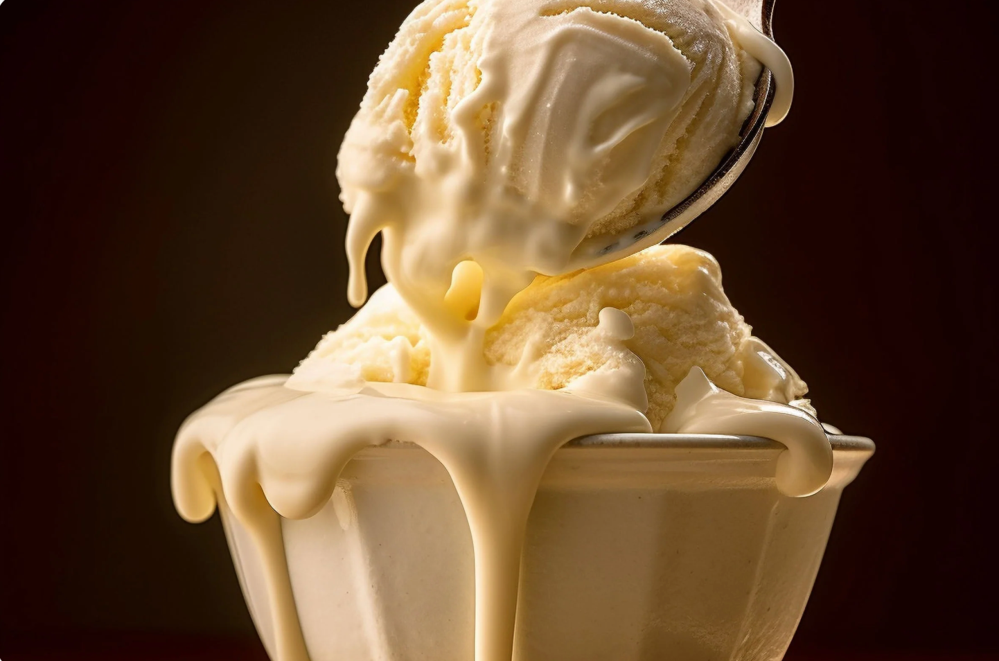 Vanilla ice cream in a bowl with a scoop being taken out against a dark background
