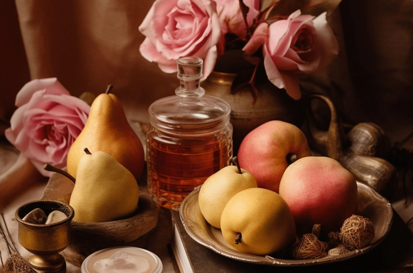 Still life arrangement with pears, apples, a decanter, and pink roses on a wooden surface.