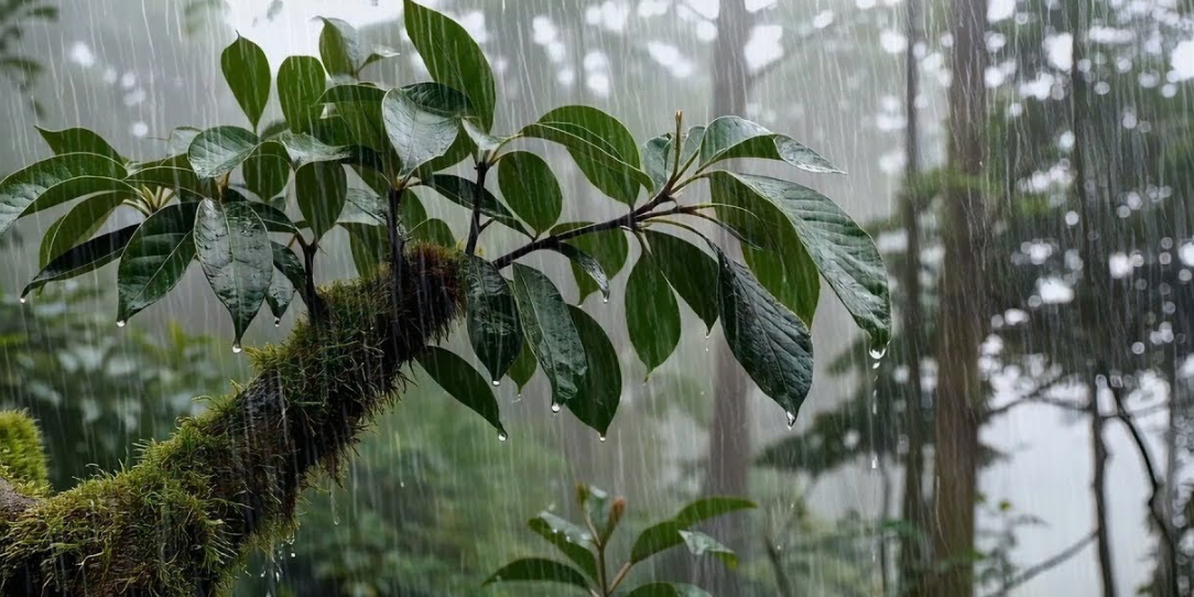 Raindrops on leaves in a forest setting