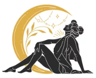 Black silhouette of a Goddess sitting on a crescent moon with a gold border