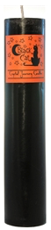 black candle with image of a black cat on a red background.