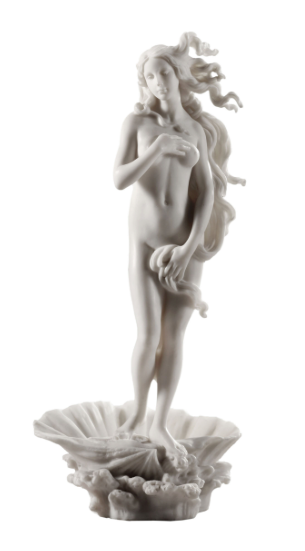 White marble sculpture of a nude figure on a shell-shaped base against a white background