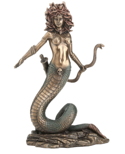 Statue of a mermaid with a snake-like tail on a white background