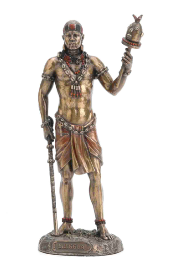 Bronze statue of a warrior holding a helmet on a white background