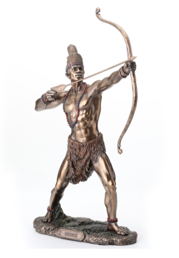 Bronze statue of a warrior with bow and arrow on a white background