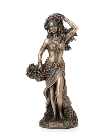 Bronze-colored figurine of a woman with floral decorations on a white background