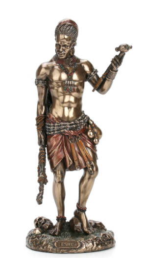 Statue of a warrior in bronze and brown colors on a white background