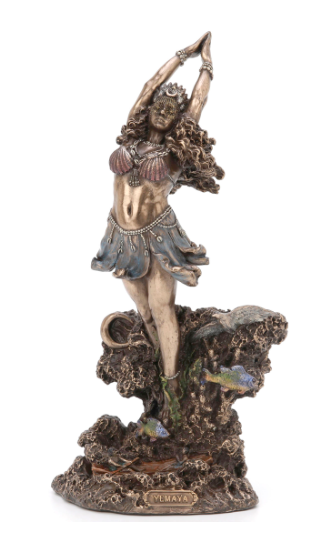 Statue of a figure in a dynamic pose on a rocky base with 'Elvevar' branding.
