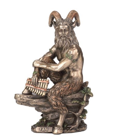 Statue of a bearded figure with horns playing a lyre on a white background