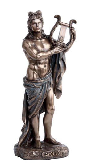 Bronze statue of a muscular figure holding a lyre with 'Apollo' inscribed on a white background