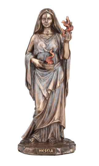 Bronze statue of a woman holding a flame on a white background
