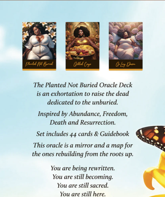 Advertisement for 'The Planted Not Buried Oracle Deck' with images of cards and descriptive text on a light blue background.