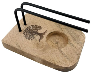 Wooden tray with tree design and black metal handles on a white background