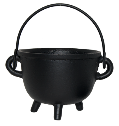 Black cast iron cauldron with a handle on a white background