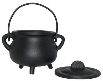Black cast iron cauldron with lid on a white background