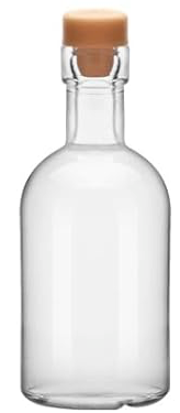Clear glass bottle with a cork stopper on a white background
