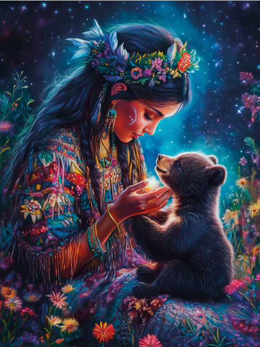 A colorful fantasy-style illustration of a young woman in a floral crown and patterned fringed garment holding a small bear cub in a glowing meadow under a starry night sky.