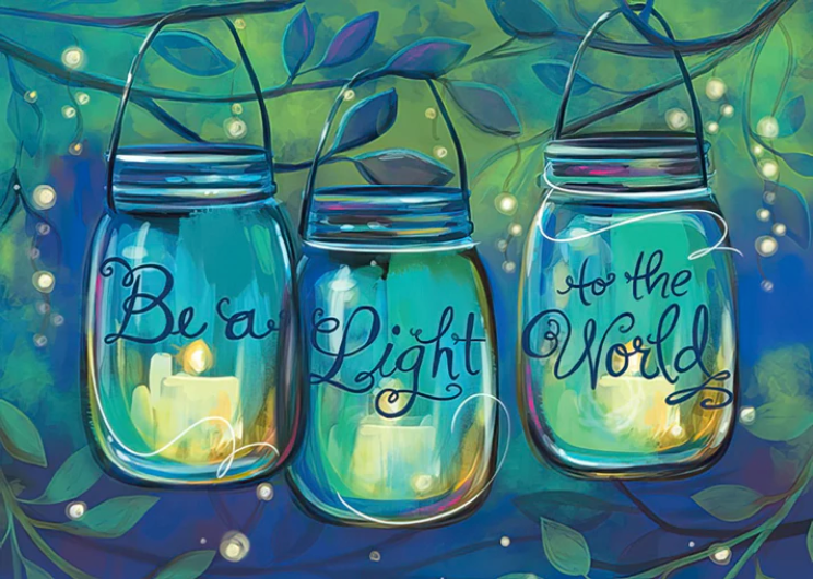 Three mason jars with glowing candles inside, surrounded by leaves and lights, with motivational phrases on a blue and green background.
