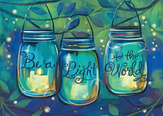 Three mason jars with glowing candles inside, surrounded by leaves and lights, with motivational phrases on a blue and green background.