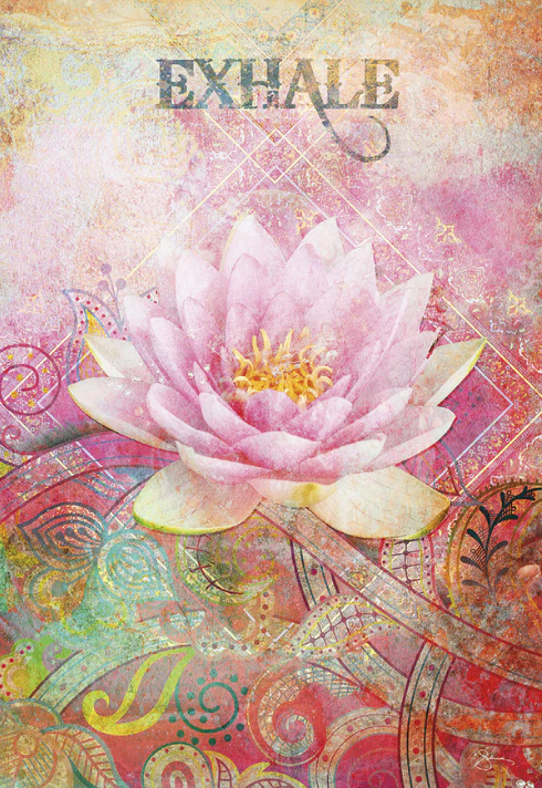 An artistic print featuring a pink water lily flower with a yellow center, set against a textured background with the word 'EXHALE' at the top and abstract decorative patterns in pink, red, gold, and green.