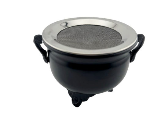 A black metal cauldron-shaped pot with side handles and a circular mesh strainer insert on top, shown against a plain white background.