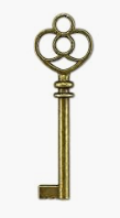 An antique-style brass key with a decorative heart-shaped top loop, shown on a plain white background.