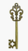 An antique-style skeleton key with a decorative top and ornate bit, shown in a metallic antique gold/bronze finish against a plain white background.