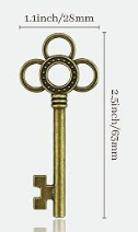 An antique-style brass key shown vertically on a white background with dimension lines and text indicating a height of 2.5 inches (6.