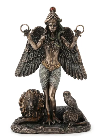Statue Ishtar 9 inch lion and owl on either side upright with a snake around her shoulders.
