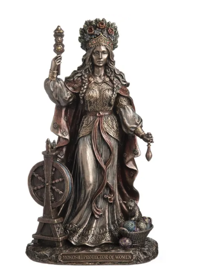 A detailed bronze-finished statue of Fortuna, the goddess of luck, depicted as a woman in ornate classical attire holding a wheel and a scepter, with a basket of eggs at her feet, isolated on a white background.