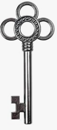 A decorative antique-style skeleton key in a textured silver finish, shown against a plain white background.