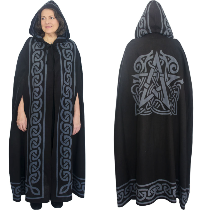 A black hooded cloak with gray Celtic knot patterns, shown on a model from the front and back against a white background.