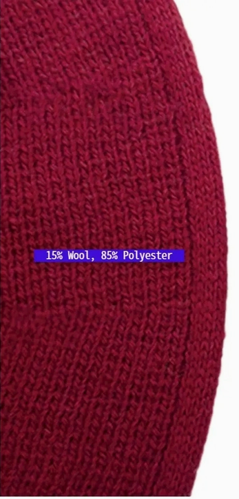 Red Brim of hat showing 15% Wool and 85% Polyester